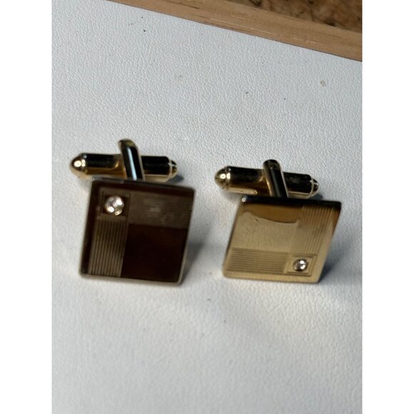 Vintage Gold-Tone Square Cufflinks With Clear Crystal Accents Mens Jewelry - Picture 3 of 7
